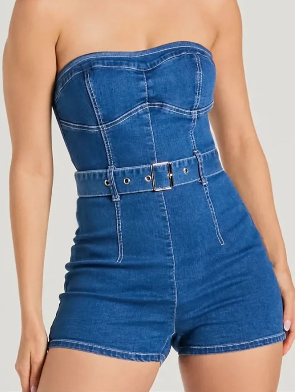 Windsor Womens Medium Blue Cutie Alert Strapless Belted Denim Romper Size Large